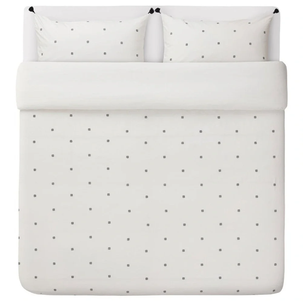 IKEA RÄVTÖREL Duvet Cover Set Queen White Black Tassel Bedding Boho Embroidered